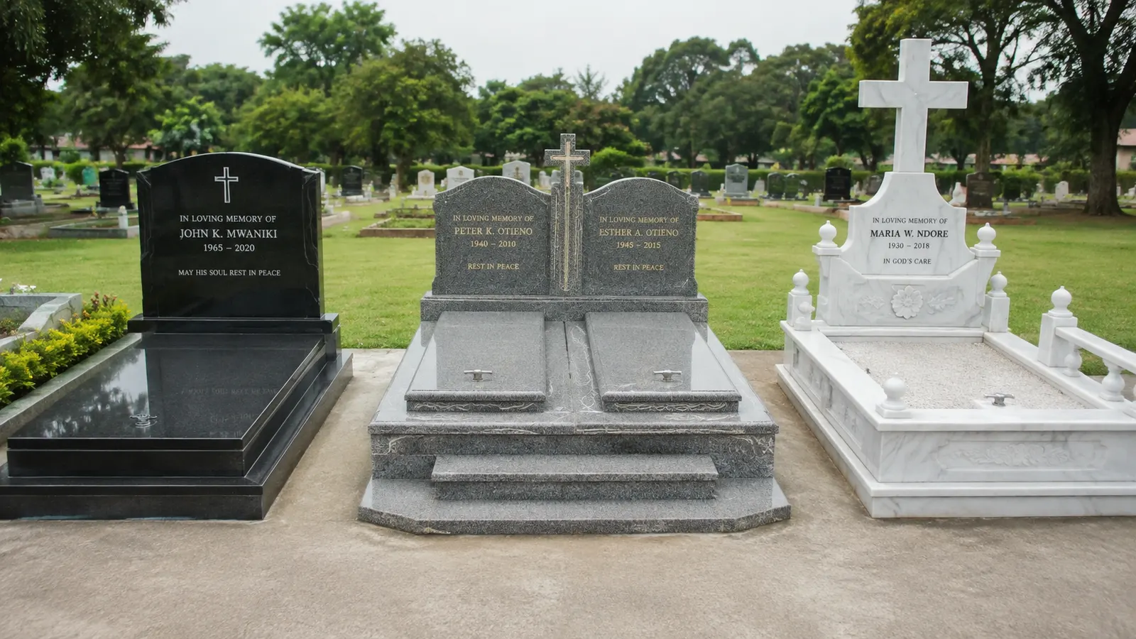 Range of finished headstone styles in black granite and white marble